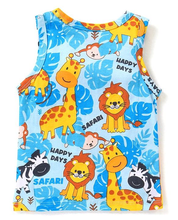 Babyhug 100% Cotton Knit Sleeveless Sando Stripes & Jungle Safari Theme Pack of 3 - Blue Yellow & White