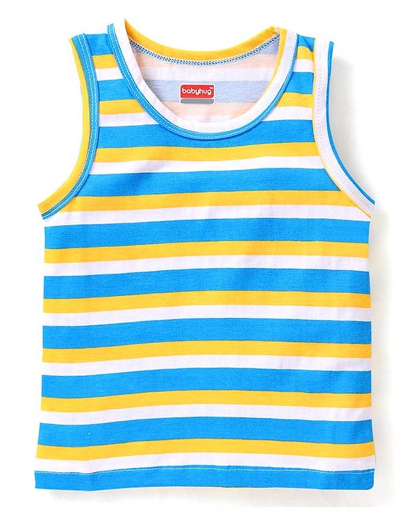 Babyhug 100% Cotton Knit Sleeveless Sando Stripes & Jungle Safari Theme Pack of 3 - Blue Yellow & White