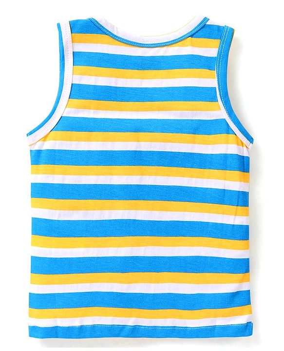 Babyhug 100% Cotton Knit Sleeveless Sando Stripes & Jungle Safari Theme Pack of 3 - Blue Yellow & White
