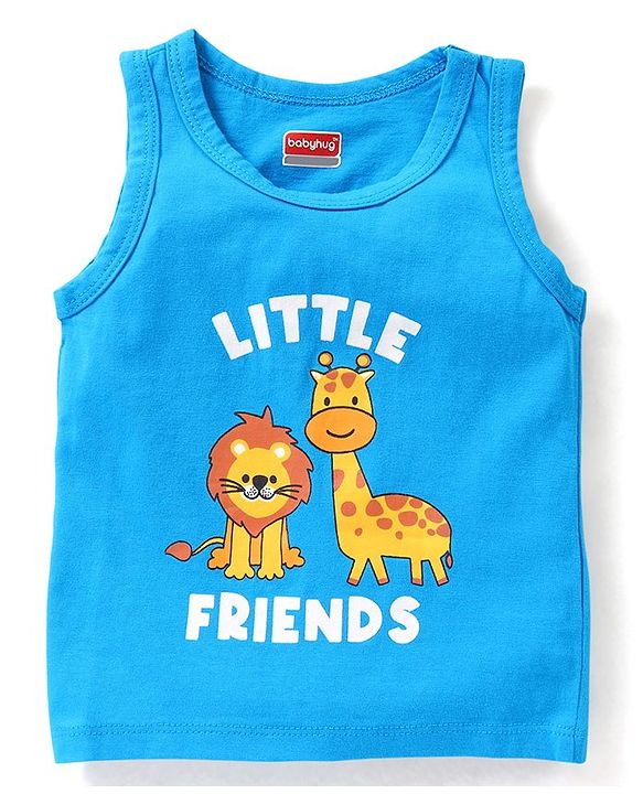 Babyhug 100% Cotton Knit Sleeveless Sando Stripes & Jungle Safari Theme Pack of 3 - Blue Yellow & White