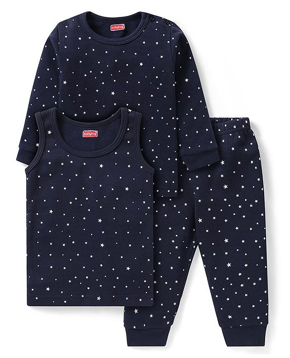 Babyhug Full Sleeves Vest Pullover & Bottom Thermal Wear Combo Star Print Pack Of 3 - Navy Blue