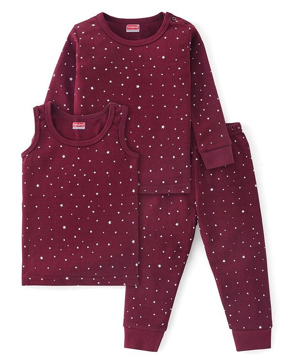 Babyhug Full Sleeves Vest Pullover &  Thermal Wear Pant Star Print Pack Of 3 - Maroon
