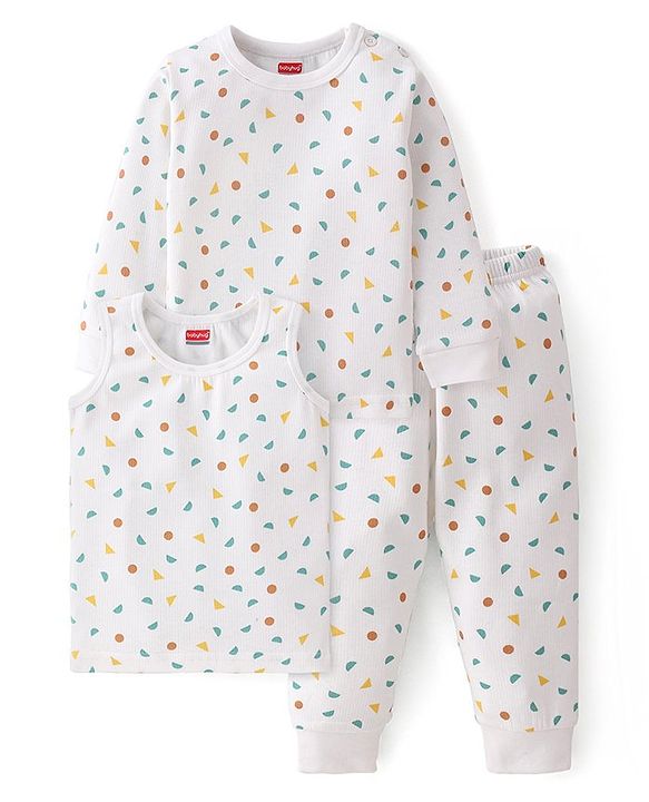 Babyhug Full Sleeves All Over Printed Thermal Vests & Pant Set of 3 - Off White