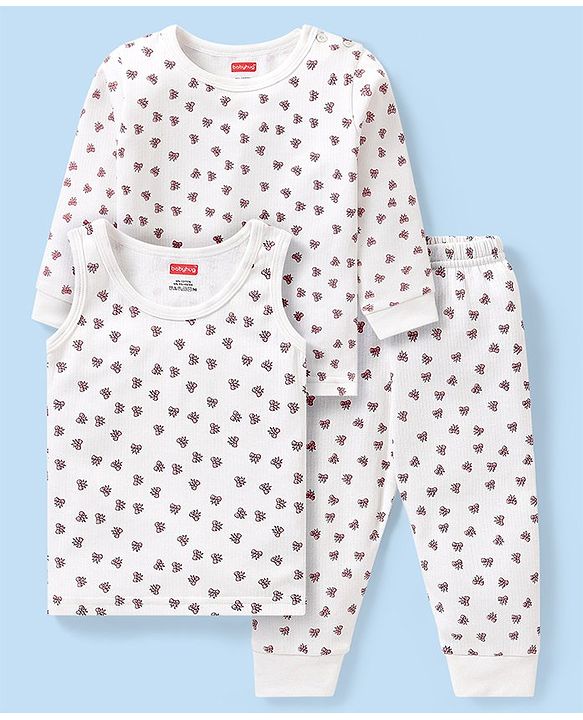 Babyhug Full Sleeves Vest Pullover & Bottom Thermal Wear Combo Bow Print Pack Of 3 - Off White