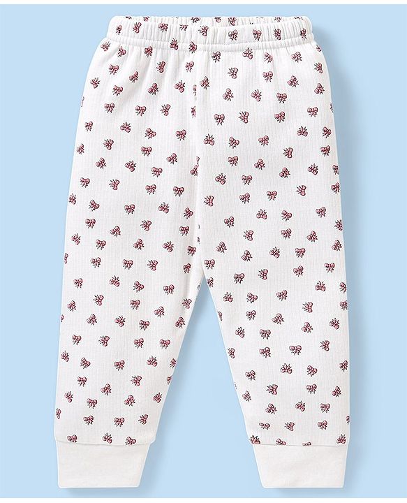 Babyhug Full Sleeves Vest Pullover & Bottom Thermal Wear Combo Bow Print Pack Of 3 - Off White