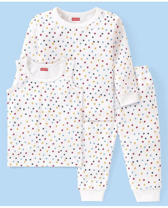 Babyhug Full Sleeves Vest Pullover & Bottom Thermal Wear Combo Star Print Pack Of 3 - Off White