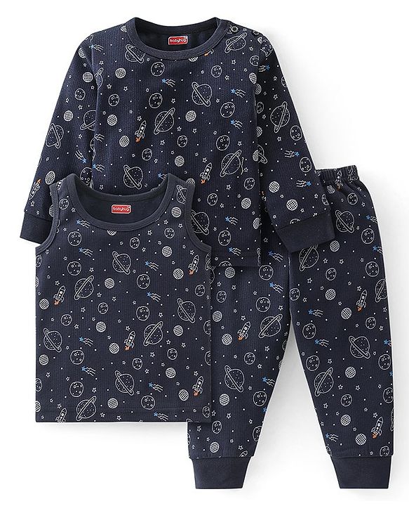 Babyhug Full Sleeves Solid Thermal Vests & Pant Set Space Print - Dark Grey