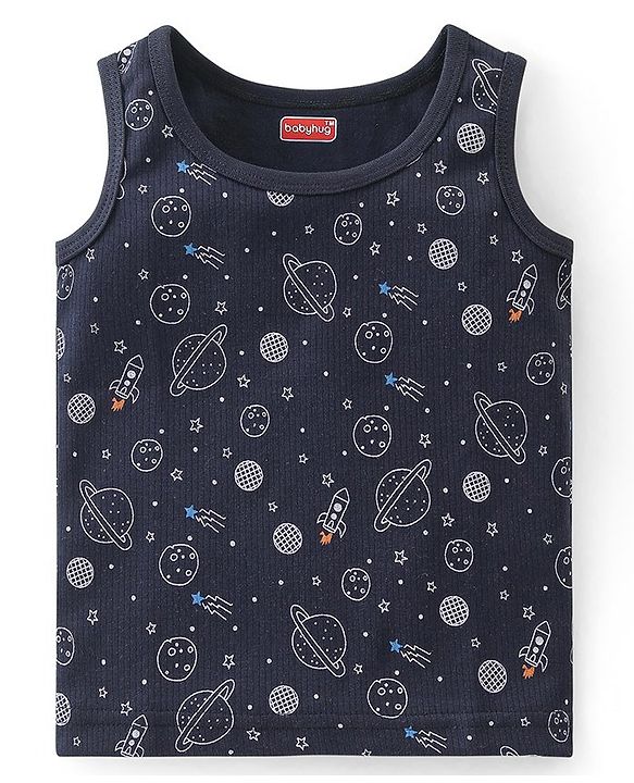 Babyhug Full Sleeves Solid Thermal Vests & Pant Set Space Print - Dark Grey