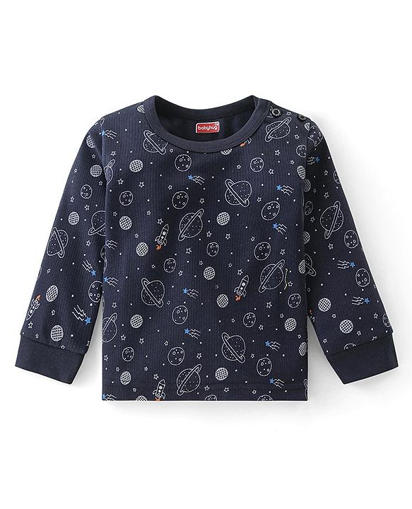 Babyhug Full Sleeves Solid Thermal Vests & Pant Set Space Print - Dark Grey