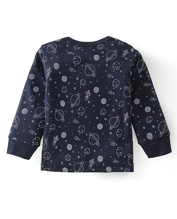 Babyhug Full Sleeves Solid Thermal Vests & Pant Set Space Print - Dark Grey