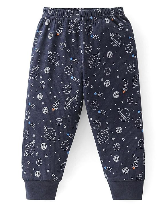 Babyhug Full Sleeves Solid Thermal Vests & Pant Set Space Print - Dark Grey