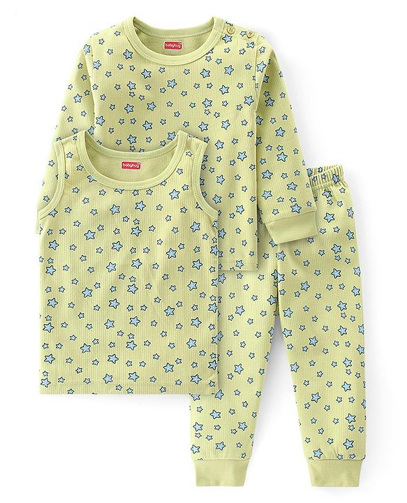 Babyhug Full Sleeve & Sleeveless Thermal Vests & Pant Set With Star Print - Green