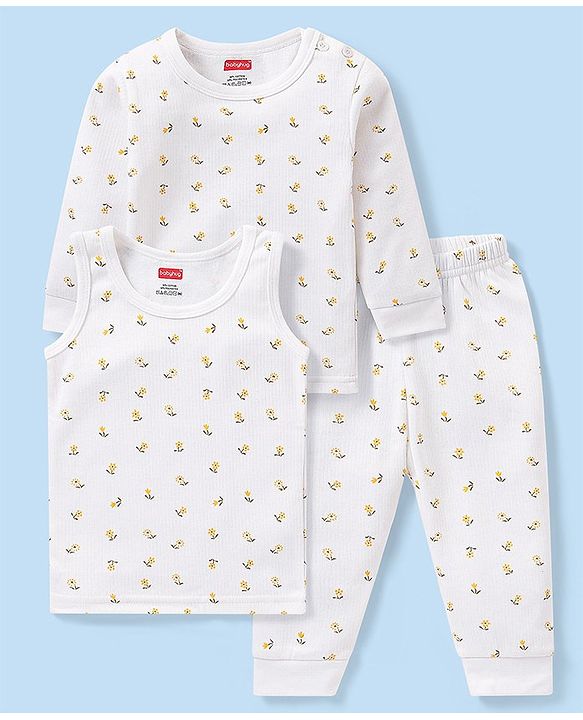 Babyhug Full Sleeves Vest Pullover & Bottom Thermal Wear Combo Floral Print Pack Of 3 - Off White