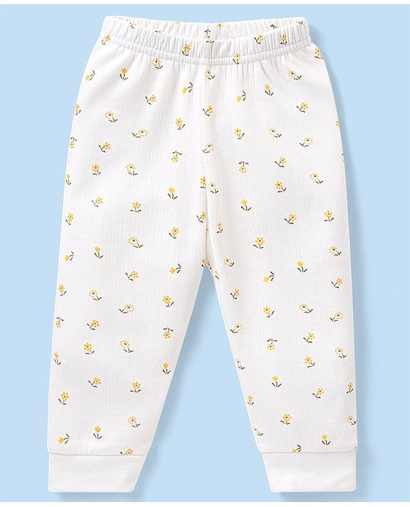 Babyhug Full Sleeves Vest Pullover & Bottom Thermal Wear Combo Floral Print Pack Of 3 - Off White