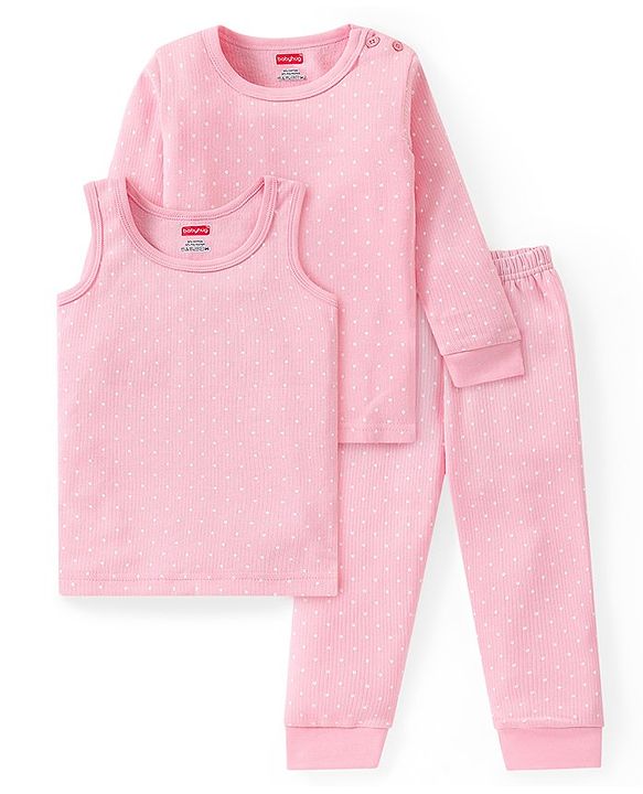 Babyhug Full Sleeves Thermal Vests & Pant Set with Polka Dots Print Pack Of 3 - Pink
