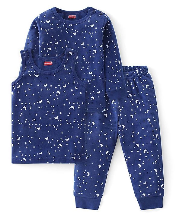 Babyhug Full Sleeve & Sleeveless Thermal Vests & Pant Set With Space Theme Print - Blue