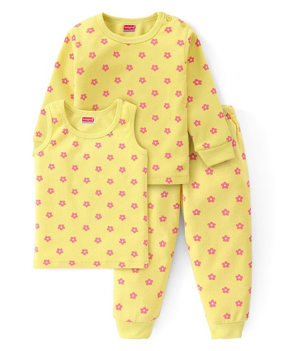 Babyhug Full Sleeve & Sleeveless Thermal Vests & Pant Set With Floral Print - Green