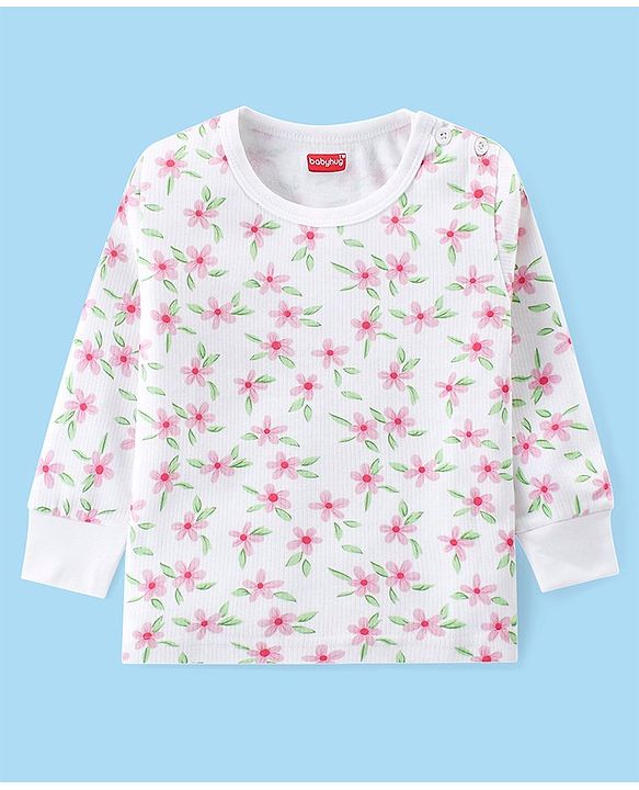 Babyhug Full Sleeves Vest Pullover & Pant Thermal Wear Combo Floral Print - Off White