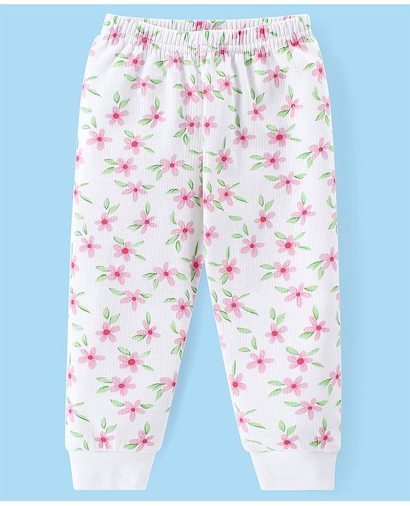 Babyhug Full Sleeves Vest Pullover & Pant Thermal Wear Combo Floral Print - Off White