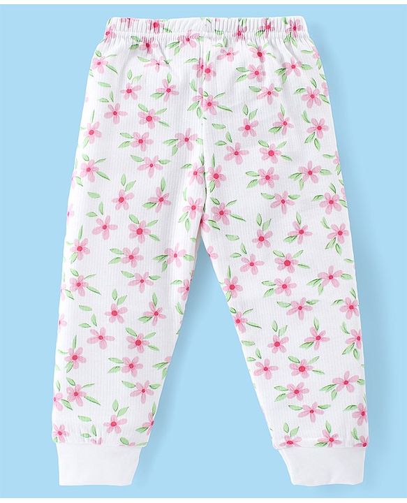 Babyhug Full Sleeves Vest Pullover & Pant Thermal Wear Combo Floral Print - Off White
