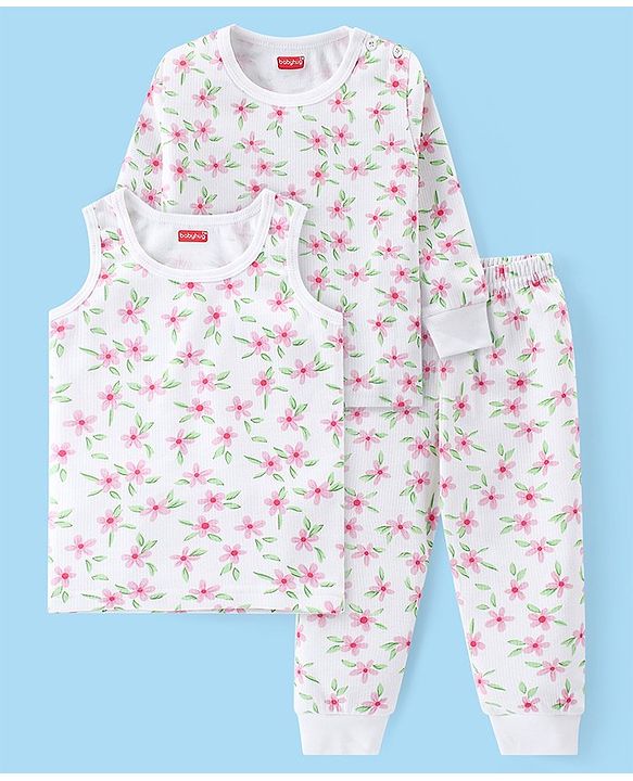 Babyhug Full Sleeves Vest Pullover & Pant Thermal Wear Combo Floral Print - Off White