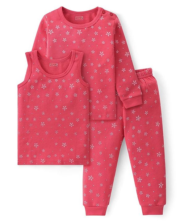 Babyhug Cotton Full Sleeves & Sleeveless Thermal Vests & Pant Set with Snow Print - Pink