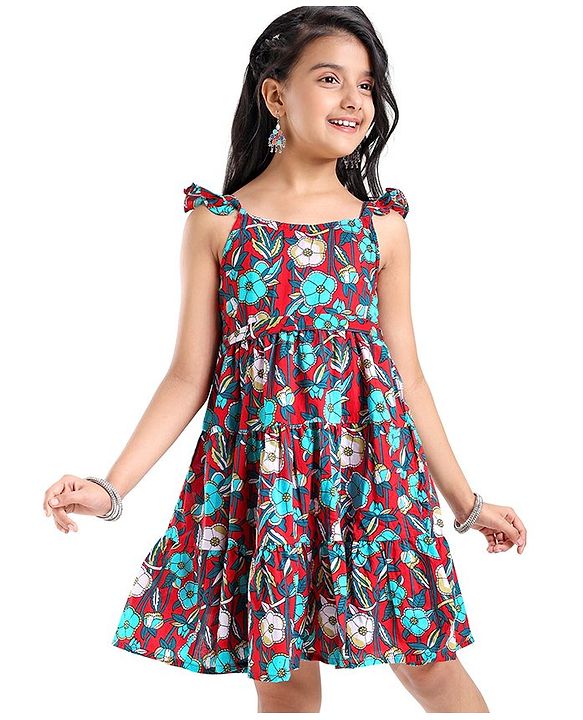 Pine Kids Cotton Woven Sleeveless Ethnic Dress with Belt Floral Print - Red