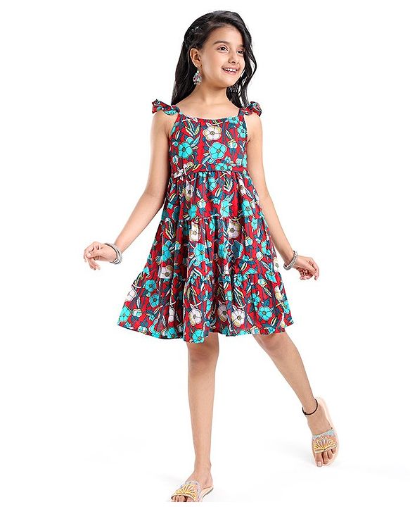 Pine Kids Cotton Woven Sleeveless Ethnic Dress with Belt Floral Print - Red