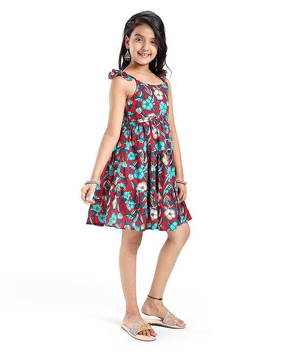 Pine Kids Cotton Woven Sleeveless Ethnic Dress with Belt Floral Print - Red