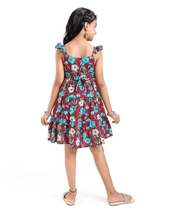 Pine Kids Cotton Woven Sleeveless Ethnic Dress with Belt Floral Print - Red