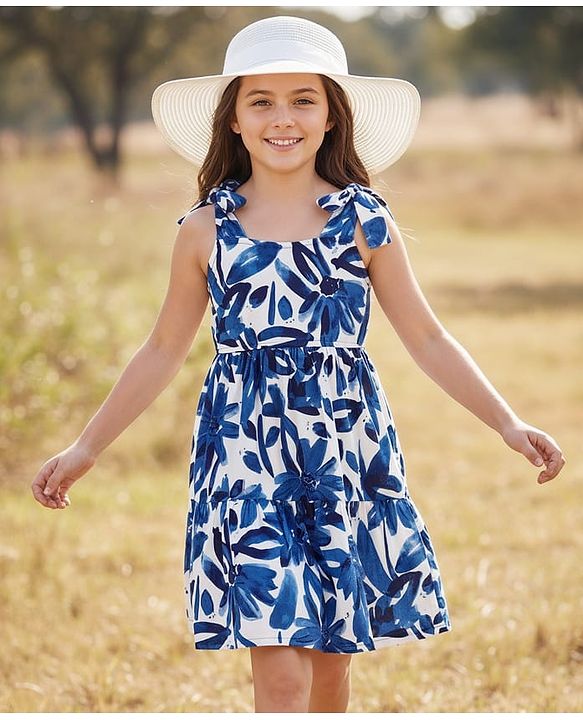Pine Kids Cotton Woven Sleeveless Frock Floral Print - White & Blue