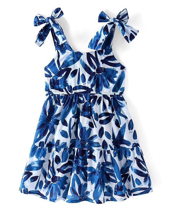 Pine Kids Cotton Woven Sleeveless Frock Floral Print - White & Blue