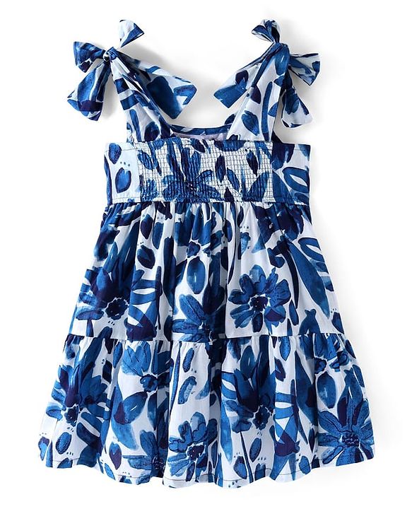 Pine Kids Cotton Woven Sleeveless Frock Floral Print - White & Blue