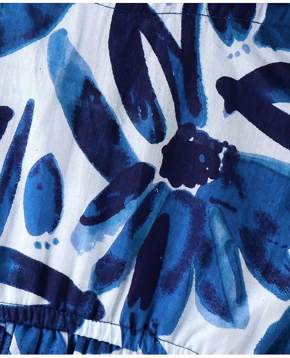 Pine Kids Cotton Woven Sleeveless Frock Floral Print - White & Blue