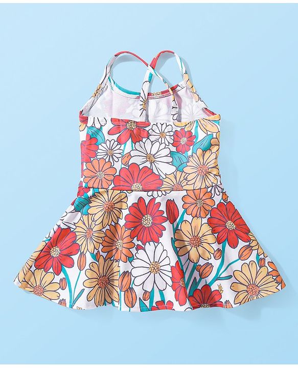 Babyhug Sleeveless Frock Style Swimsuit With Floral Print- Multicolor