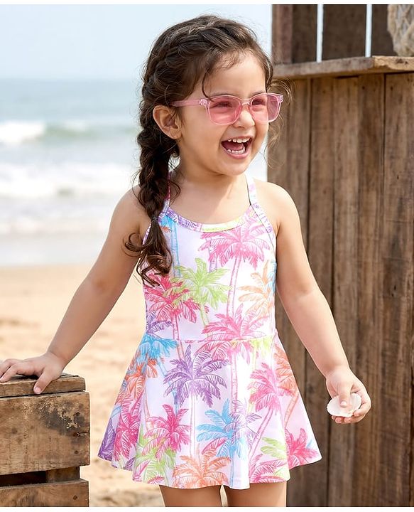 Babyhug Sleeveless Frock Style Swimsuit With Palm Tree Print- Multicolor