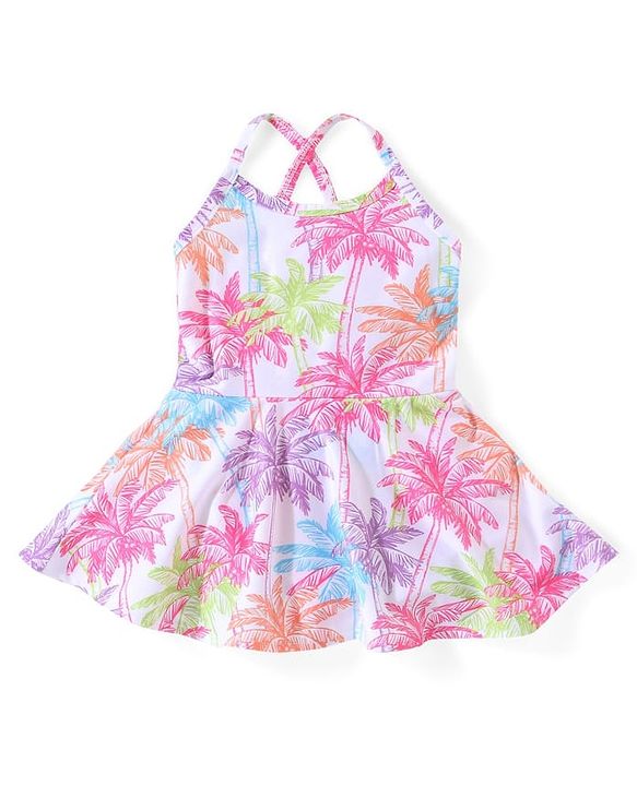 Babyhug Sleeveless Frock Style Swimsuit With Palm Tree Print- Multicolor