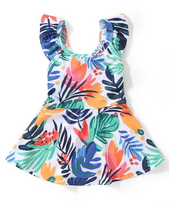 Babyhug Frill Sleeves  Frock Style Swimsuit with Leaves Print - Multicolour