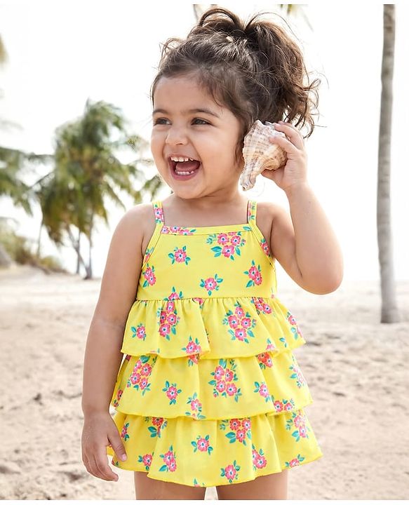 Babyhug Sleeveless Frock Style Swimsuit With Floral Print & Frill Detailing- Yellow