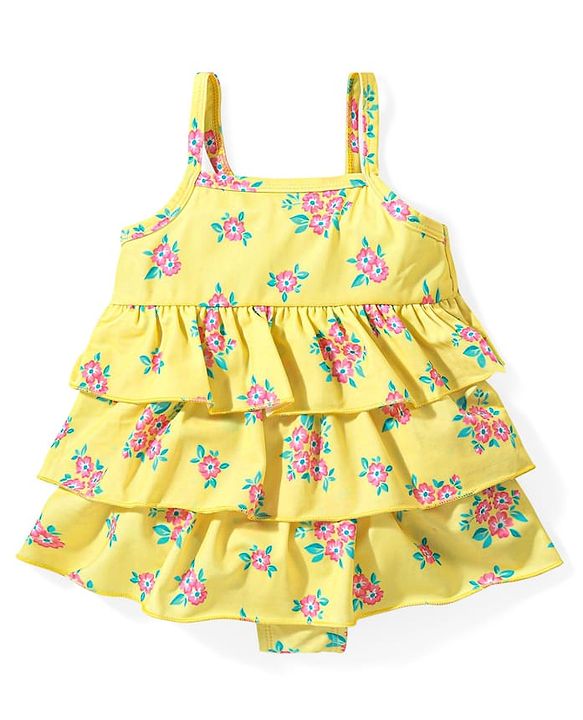 Babyhug Sleeveless Frock Style Swimsuit With Floral Print & Frill Detailing- Yellow