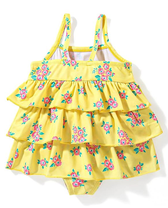Babyhug Sleeveless Frock Style Swimsuit With Floral Print & Frill Detailing- Yellow