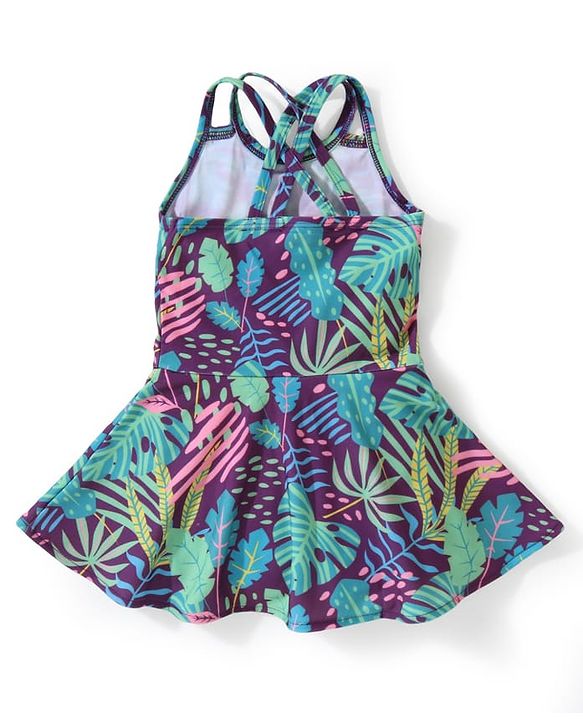 Babyhug Sleeveless  Racer Back Frock Style Swimsuit Leaves Print  - Purple