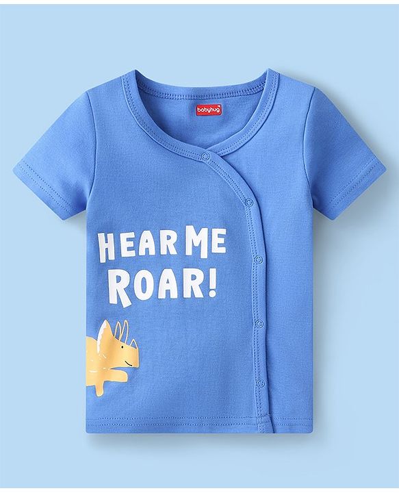 Babyhug 100% Cotton Knit Half Sleeves Front Open Vest Stripes & Dino Print Pack Of 3 - White Yellow & Blue