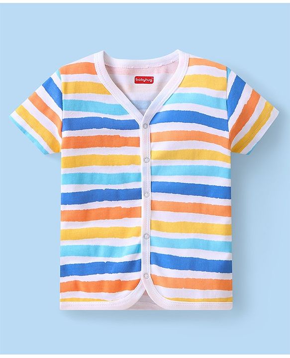 Babyhug 100% Cotton Knit Half Sleeves Front Open Vest Stripes & Dino Print Pack Of 3 - White Yellow & Blue