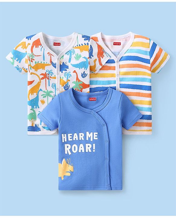 Babyhug 100% Cotton Knit Half Sleeves Front Open Vest Stripes & Dino Print Pack Of 3 - White Yellow & Blue