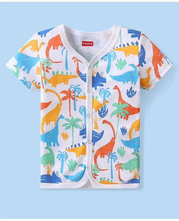 Babyhug 100% Cotton Knit Half Sleeves Front Open Vest Stripes & Dino Print Pack Of 3 - White Yellow & Blue