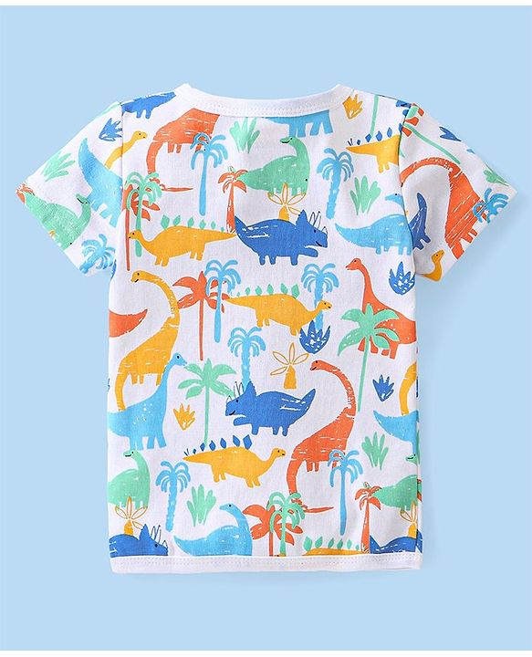 Babyhug 100% Cotton Knit Half Sleeves Front Open Vest Stripes & Dino Print Pack Of 3 - White Yellow & Blue