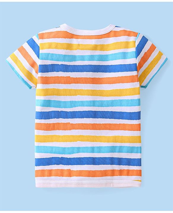 Babyhug 100% Cotton Knit Half Sleeves Front Open Vest Stripes & Dino Print Pack Of 3 - White Yellow & Blue