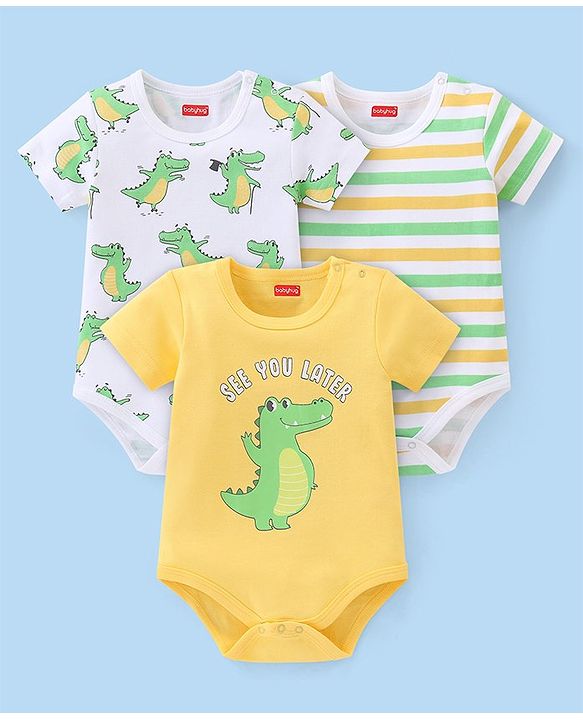 Babyhug 100% Cotton Knit Half Sleeves Striped & Crocodile Printed Onesies Pack of 3 - Yellow White & Green