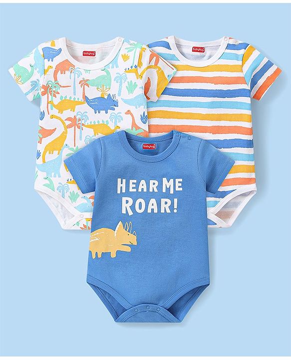 Babyhug 100% Cotton Knit Half Sleeves Onesie With Animal Print Pack of 3 - Multicolor
